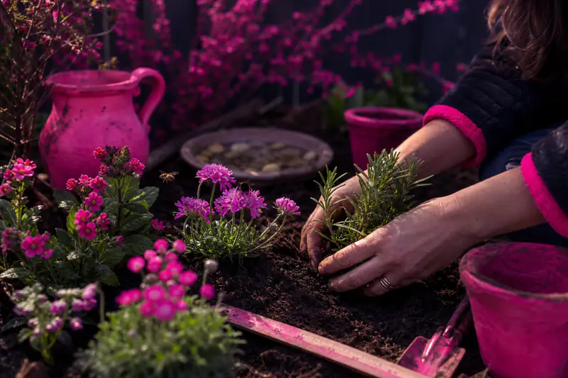 Massif de fleurs simples visité par une abeille dans un jardin printanier
