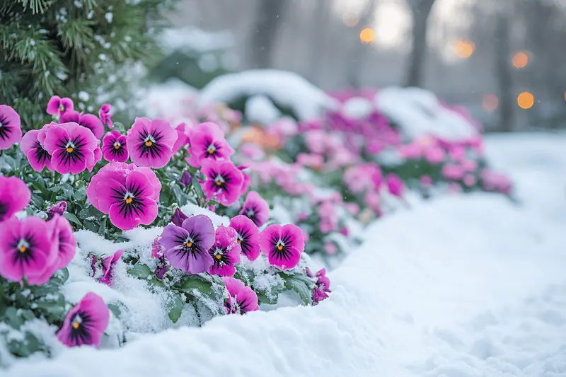 Massif d’hiver fleuri d’hellébores, bruyères et pensées après une légère gelée