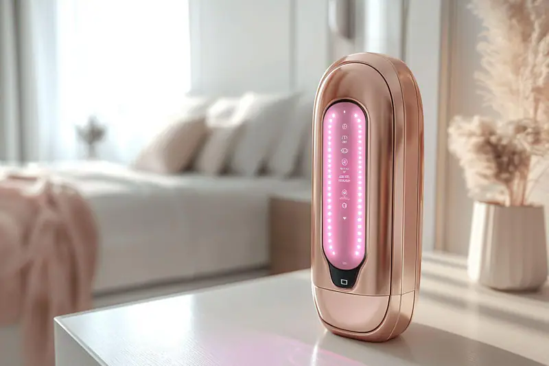 Gadgets beauté LED, coiffage et soin disposés sur une coiffeuse automnale.