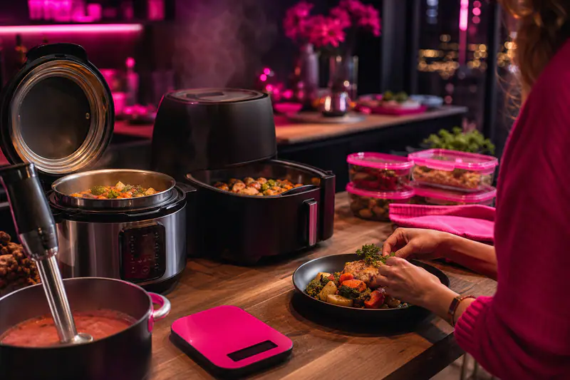 Cuisine d'hiver avec autocuiseur, air fryer et mixeur plongeant sur plan de travail