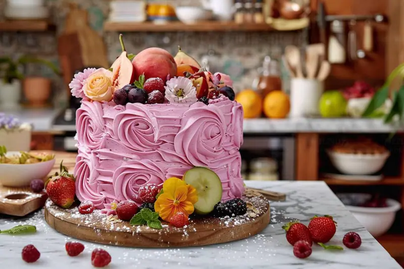 Gâteau vegan au chocolat glacé, décoré de zestes d’orange et noisettes