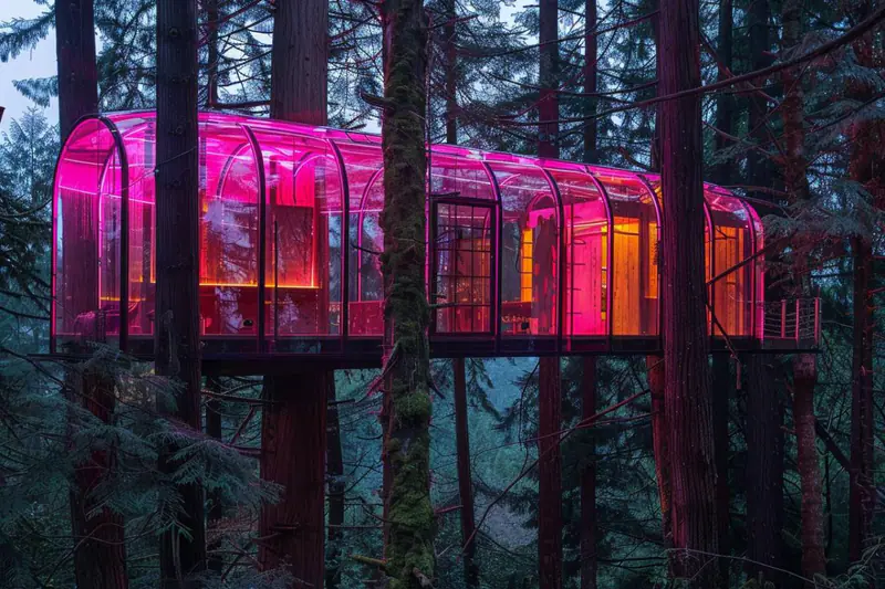 Dôme vitré chauffé avec bain nordique au cœur d’une forêt d’automne
