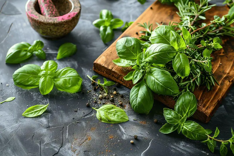 Herbes fraîches ciselées, légumes de printemps et huile d’olive sur une table de cuisine
