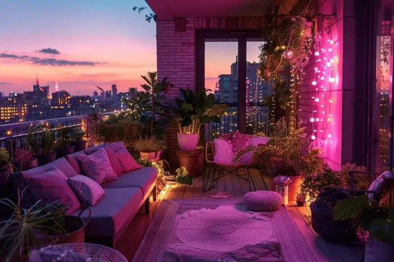 Petit balcon d’appartement aménagé en coin détente hivernal avec banquette et plantes
