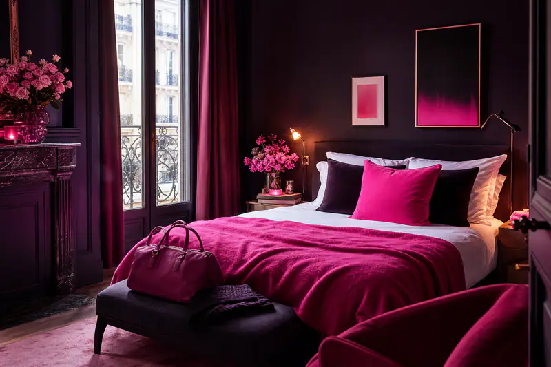 Chambre d’amis chaleureuse avec lit soigné, banc, lampes et rideaux épais