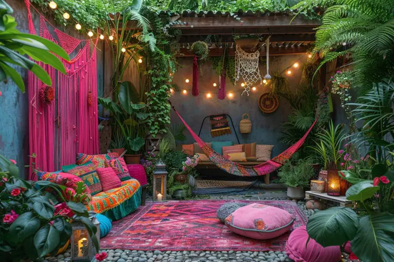 Terrasse bohème colorée avec banquette, pots terracotta, plantes et guirlande lumineuse