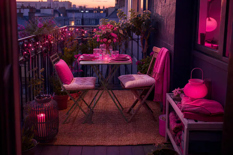 Petit balcon aménagé avec table pliante, chaises chinées, plantes et éclairage doux.