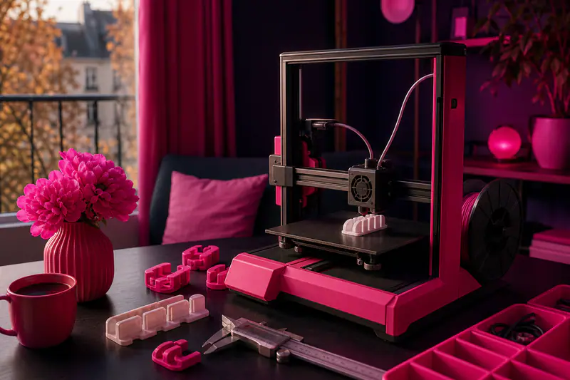 Imprimante 3D domestique créant un organiseur de câbles sur un bureau.