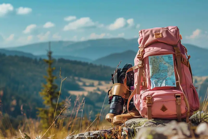 Voyageuse organisant son sac à dos d’aventure sur un sentier d’automne