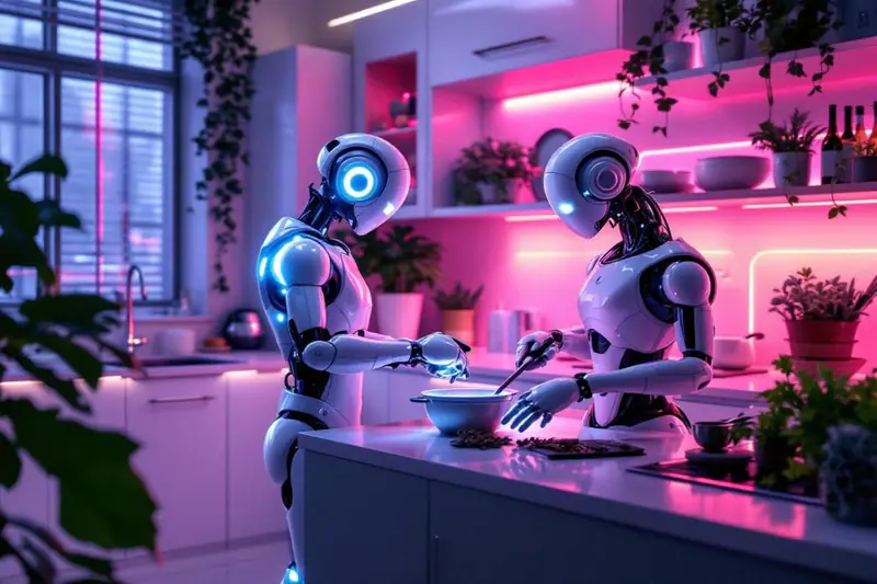 Cuisine moderne avec sonde connectée, éclairage intelligent et aliments bien rangés.
