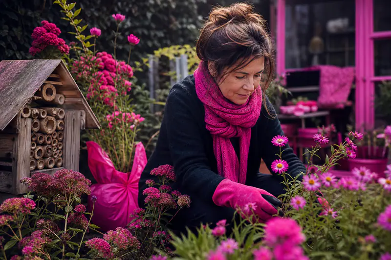 Refuge en bambou, asters et insectes utiles dans un jardin d’automne