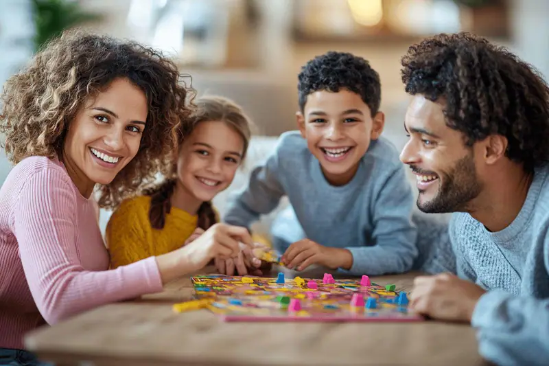 Une mère et trois enfants jouent ensemble à un jeu coopératif.