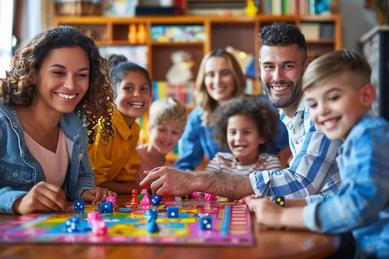 Famille jouant à un jeu de société lors d’une soirée d’automne.