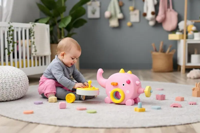 Une mère accompagne un tout-petit explorant un panier sensoriel sécurisé.