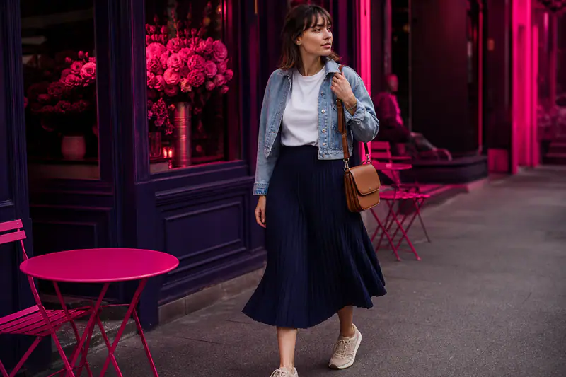 Femme portant une jupe plissée midi marine avec baskets et veste en jean