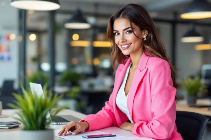 Femme en blazer souple et pantalon large dans un bureau lumineux