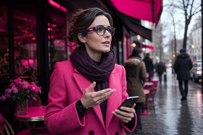 Femme portant des lunettes connectées discrètes dans une rue parisienne en hiver.