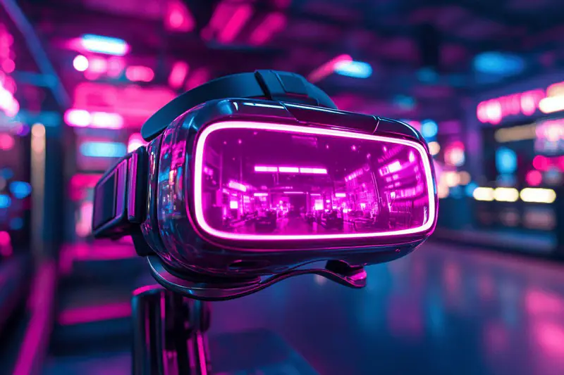 Femme utilisant un casque de réalité virtuelle dans un salon lumineux et dégagé.