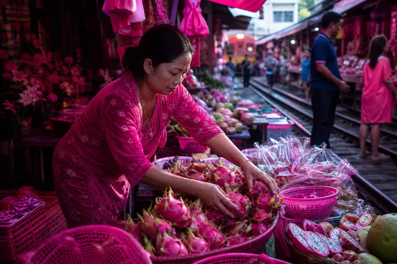 Marché local animé avec fruits, épices et vendeurs au petit matin