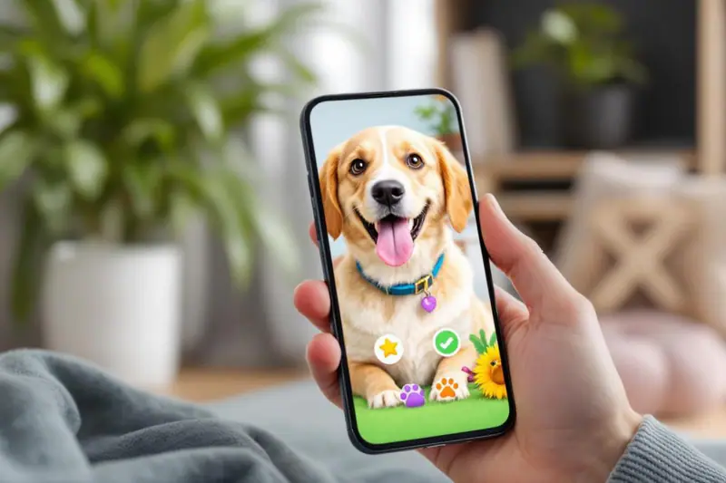 Femme consultant une appli santé avec son chien et son chat