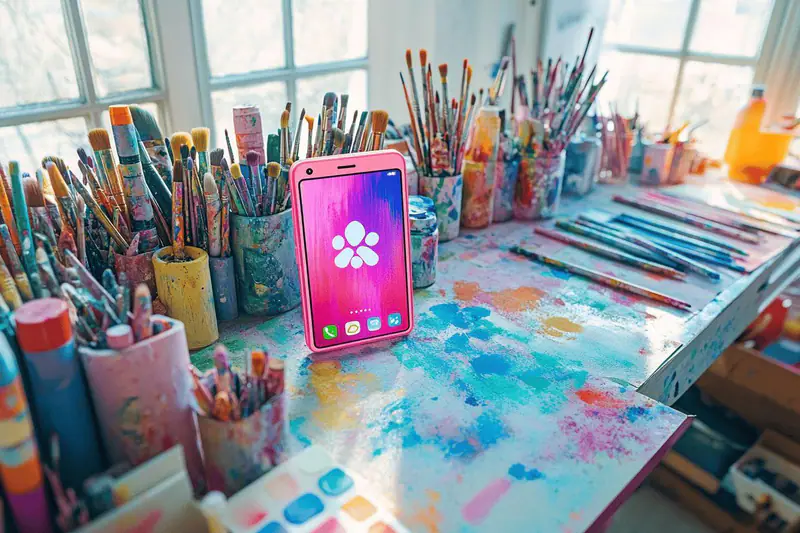 Créatrice utilisant tablette, téléphone et carnet dans un bureau lumineux d’automne.