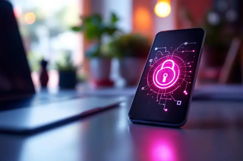 Femme vérifiant la sécurité de son smartphone près d’un ordinateur et disque externe.