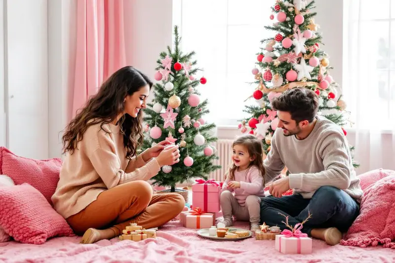 Famille réunie autour d’une table de Noël chaleureuse avec enfants et décorations naturelles