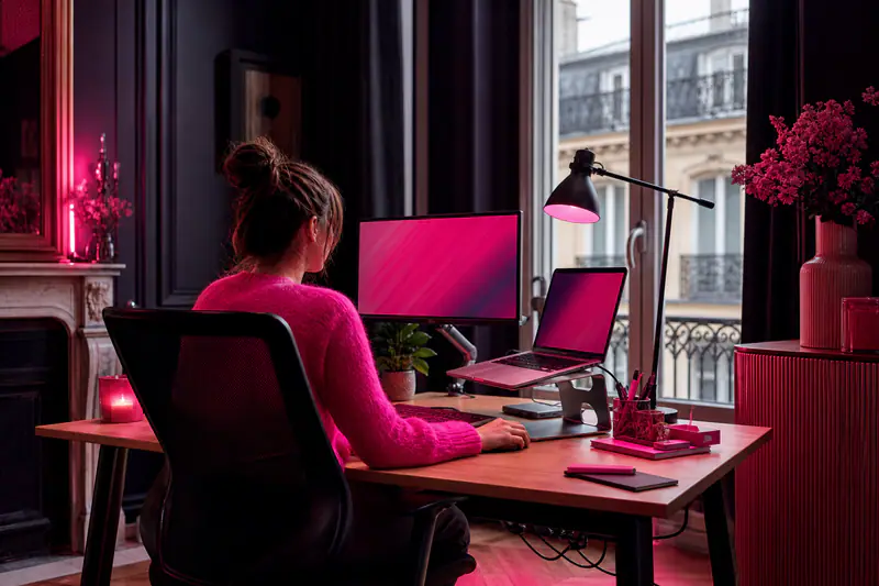 Bureau maison organisé avec écran, ordinateur portable, lampe et câbles dissimulés