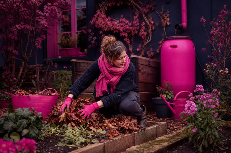 Jardinière paillant un potager près d’un composteur et d’une cuve à eau