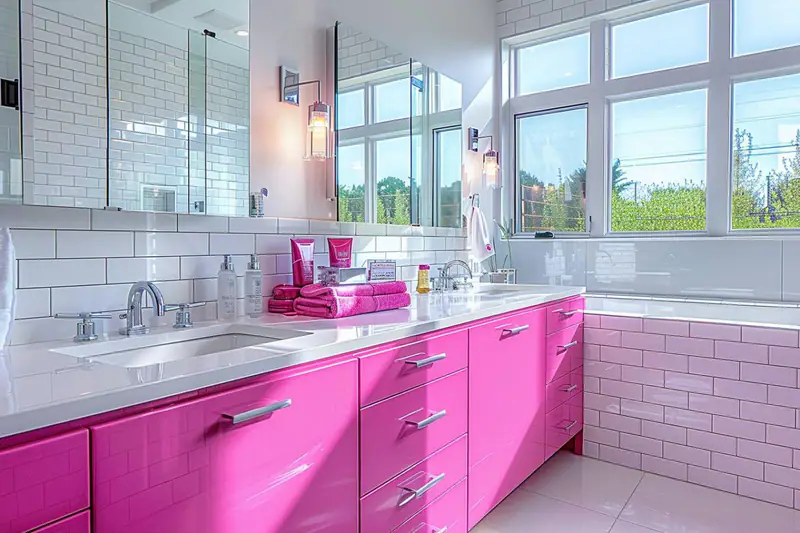 Salle de bain lumineuse et rangée avec raclette, serviettes sèches et vasque impeccable