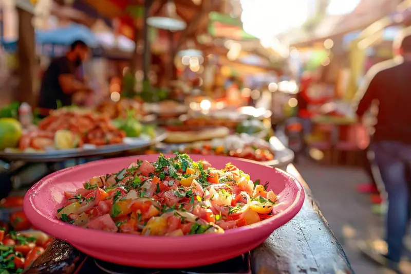 Voyageuse dégustant des pintxos dans un marché gourmand espagnol en automne.