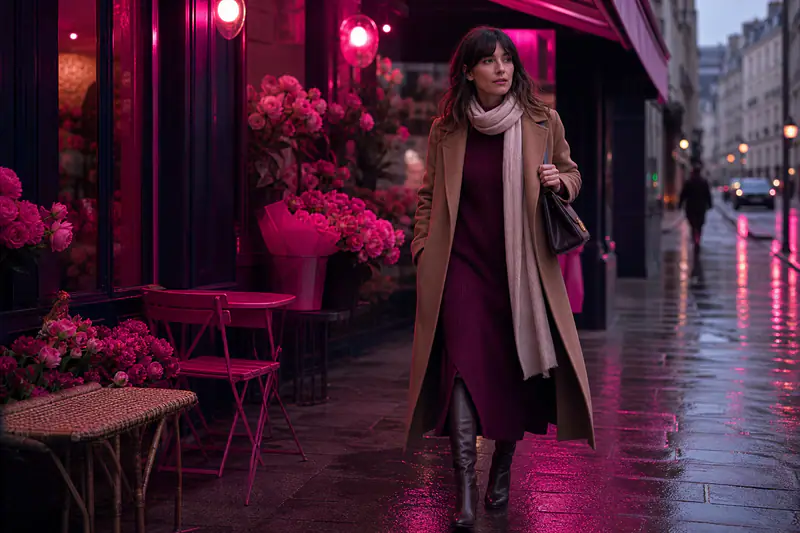 Femme portant robe longue, bottes hautes et manteau en laine en hiver