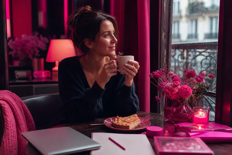 Femme savourant une tarte aux pommes et une pause automnale chez elle