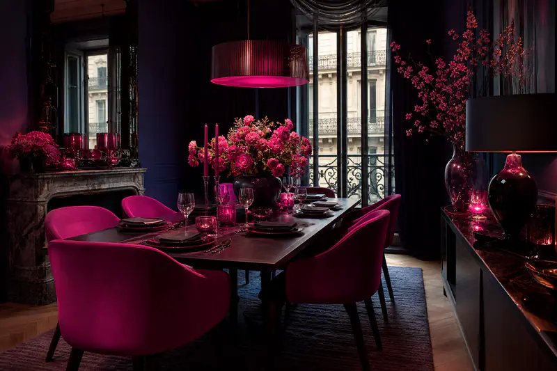 Salle à manger en chêne avec tapis généreux, buffet bas et suspension chaude