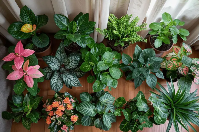 Plantes vertes variées près d’une fenêtre dans un salon lumineux en hiver.