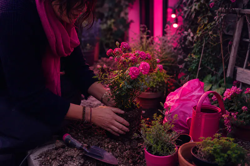 Massif parfumé avec roses, lavande, jasmin étoilé et aromatiques en pots