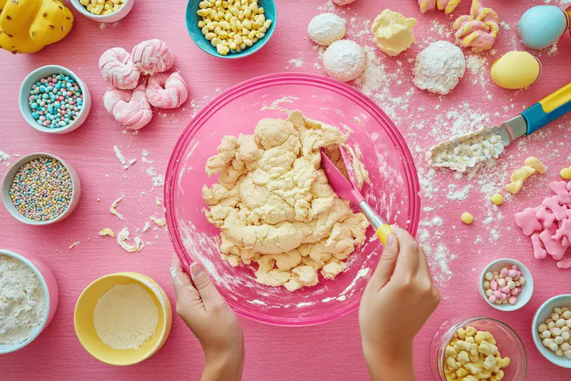Enfants préparant des muffins aux fraises avec un adulte dans une cuisine lumineuse.