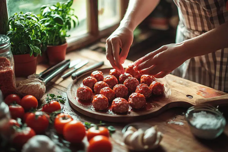 Plateau de boulettes maison variées avec sauces, riz et herbes fraîches