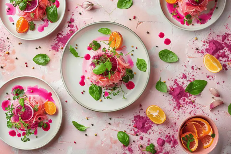Table printanière sans gluten avec saumon, polenta, asperges et pavlova aux fraises