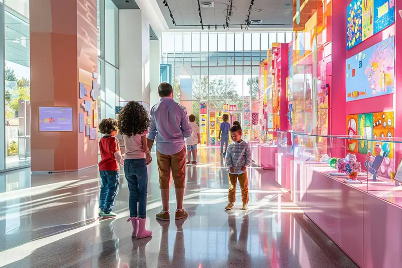 Une famille observe un squelette de dinosaure dans un musée interactif.