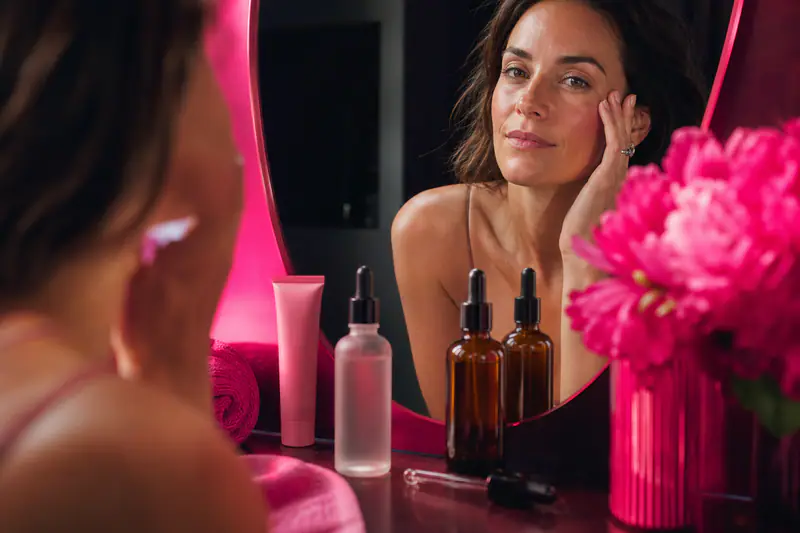 Femme appliquant un sérum visage lumineux près de flacons de soin.