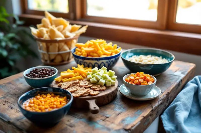 Assortiment de snacks maison frais, croquants et sucrés sur une table d’été.