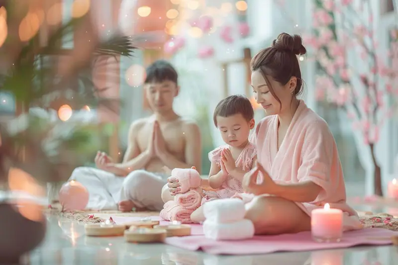 Mère et enfants pratiquant massage doux et yoga dans un salon d’hiver