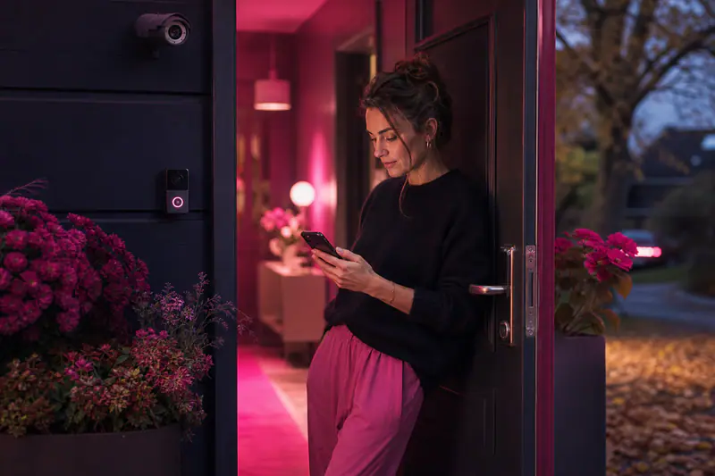 Femme vérifiant une alerte de sécurité devant une porte connectée en automne