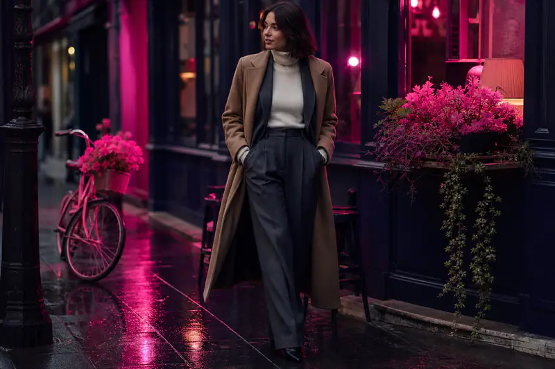 Femme portant un pantalon taille haute large avec bottines et blazer court