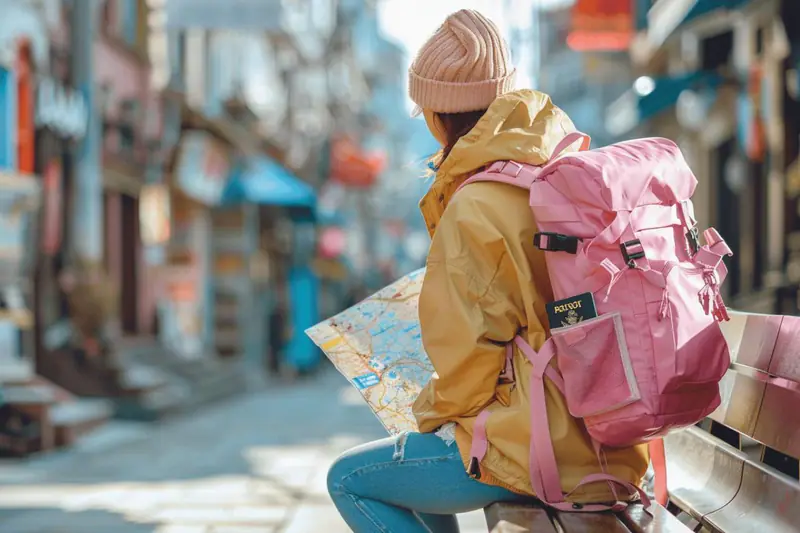 Voyageuse solo avec valise et carte près d’une gare au printemps