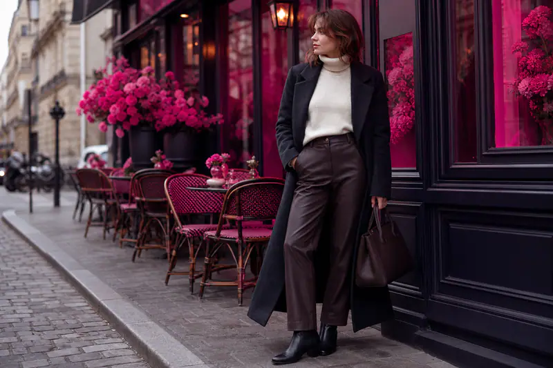 Femme en pantalon chocolat simili-cuir, pull écru et manteau gris d’hiver