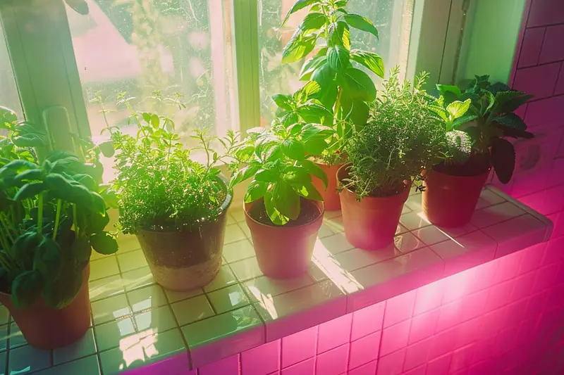 Aromatiques en pots sur un rebord de fenêtre lumineux en automne