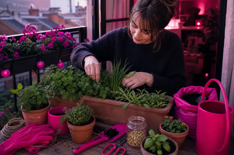 Balcon fleuri avec aromatiques comestibles, menthe, thym, persil et souci en pots