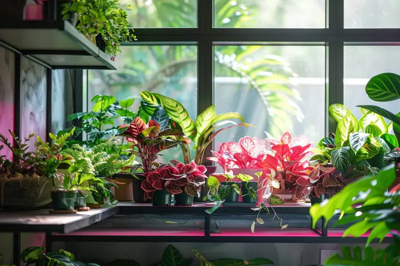 Coin salon lumineux décoré de ficus, monstera et pothos en pots naturels.